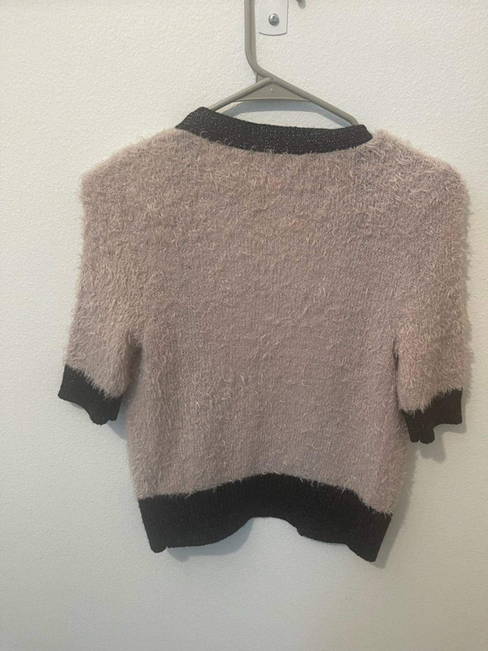 Decree Fuzzy Short-Sleeve Cardigan in Taupe with Black Trim - Picture 4 of 6